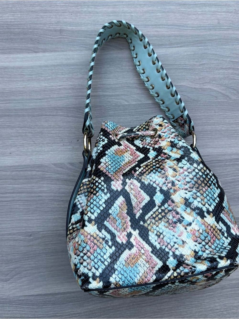 Aldo Multicolor Python Snake-Print Drawstring Bucket Bag - Picture 5 of 6